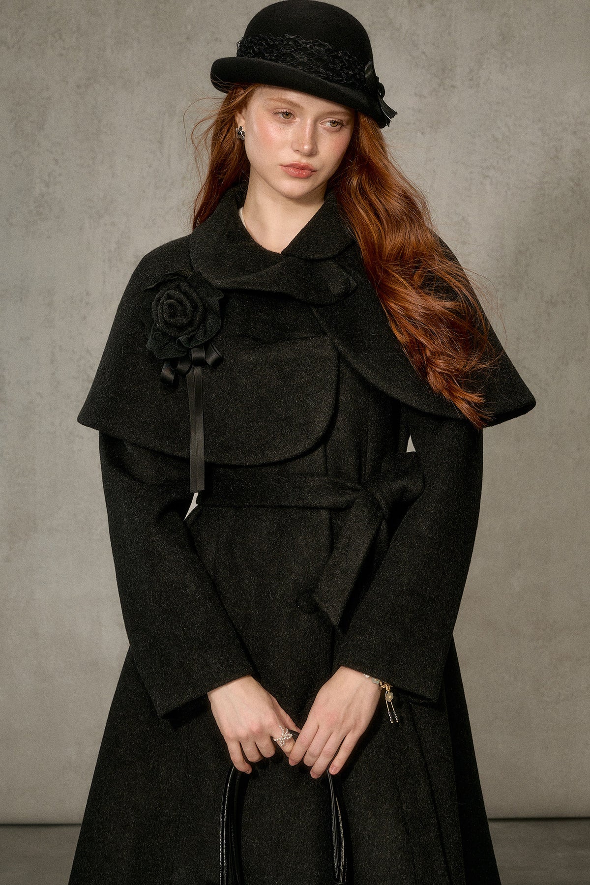 Floral Embroidered Long Woolen Cape Coat Set-Up
