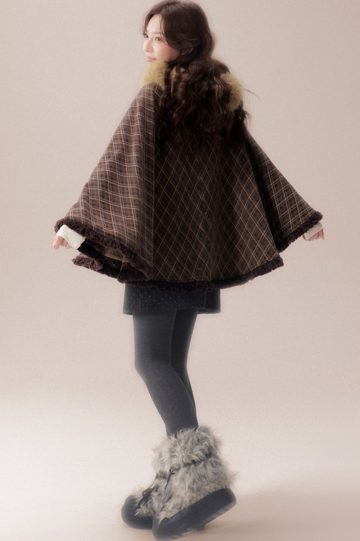 Plaid Fur Collar Hooded Shawl Cape
