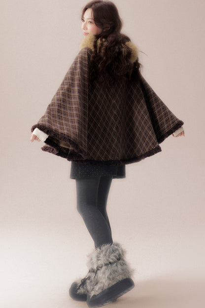 Plaid Fur Collar Hooded Shawl Cape