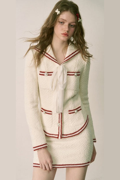 Set aus Tweedjacke und Rock in Kontrastfarben