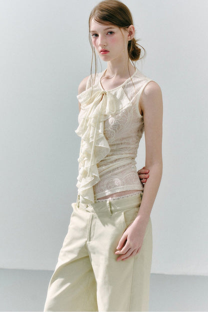 White Peach Wool Lace Ruffle Vest