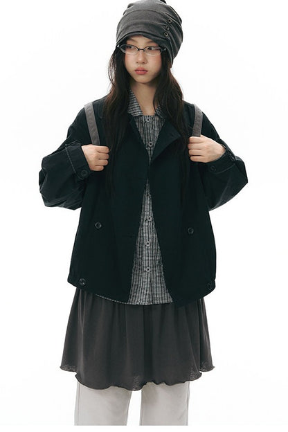 Retro Double-Breasted Workwear Jacket and Skirt Set-Up