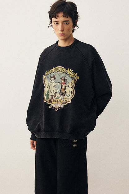 Washed Cat Print Sweatshirt and Pants Set