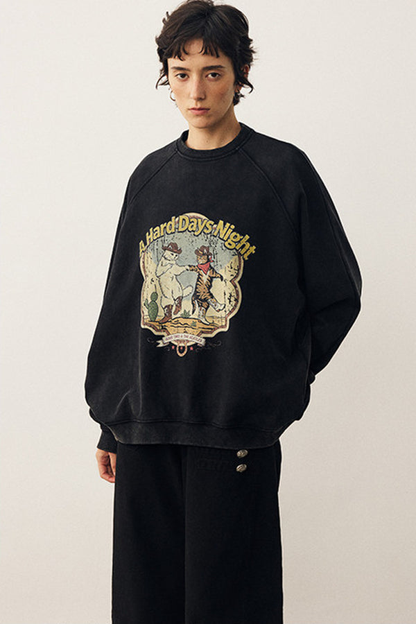 Washed Cat Print Sweatshirt and Pants Set