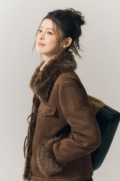 Suede Fur Collar Lace-Up Jacket