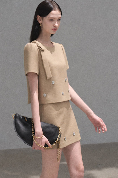 Short-Sleeved Ribbon Top and High-Waisted A-Line Skirt Set