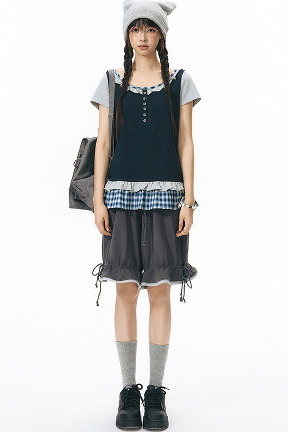 Color-Block Drawstring Elastic Waist Wide-Leg Mid-Length Shorts