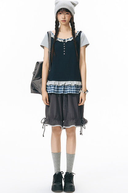 Color-Block Drawstring Elastic Waist Wide-Leg Mid-Length Shorts
