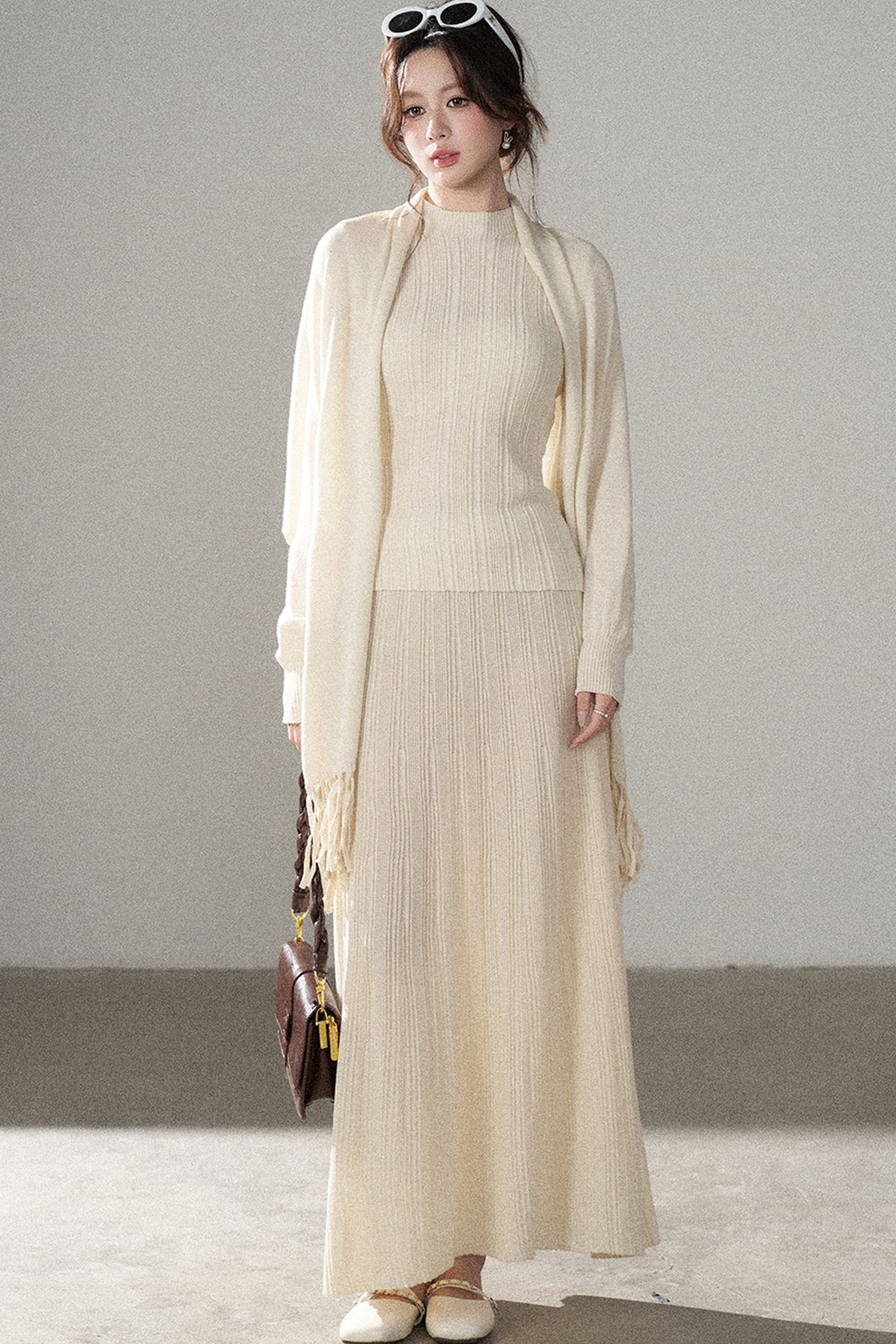 Turtleneck Sweater Long Skirt Shawl Cardigan Set