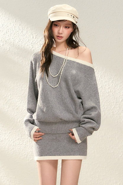 Off-Shoulder Knit Sweater and Skirt Set-Up