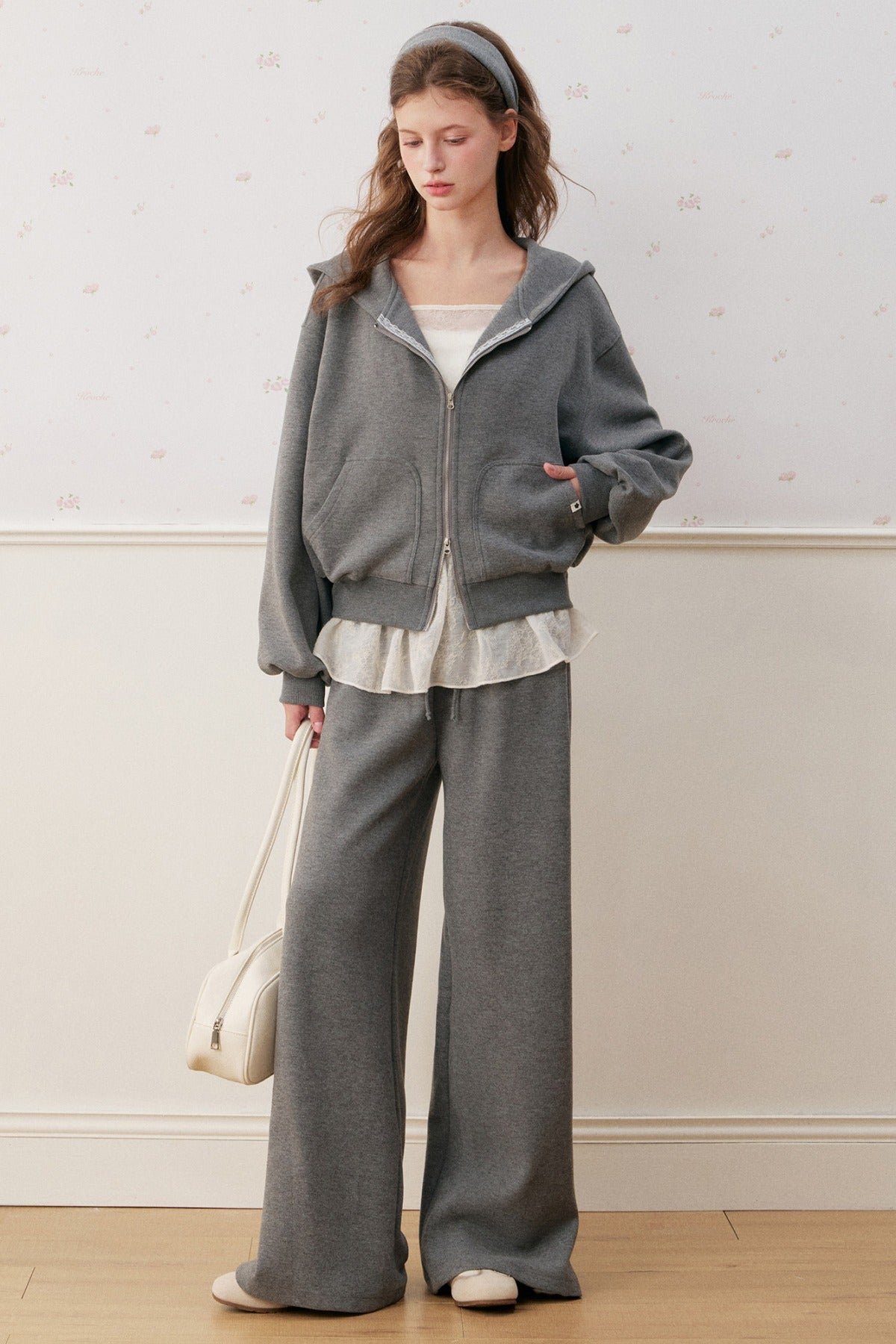 Lace Trim Double Zipper Hooded Jacket and Drawstring Pants Set-Up
