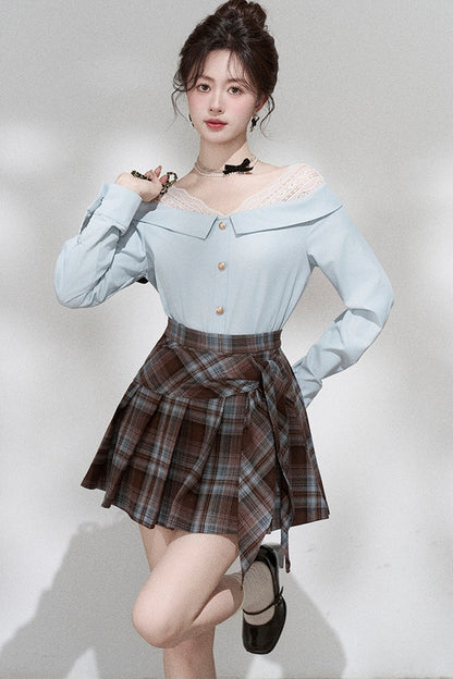 Blue Off-Shoulder Lace Blouse and Skirt Set-Up