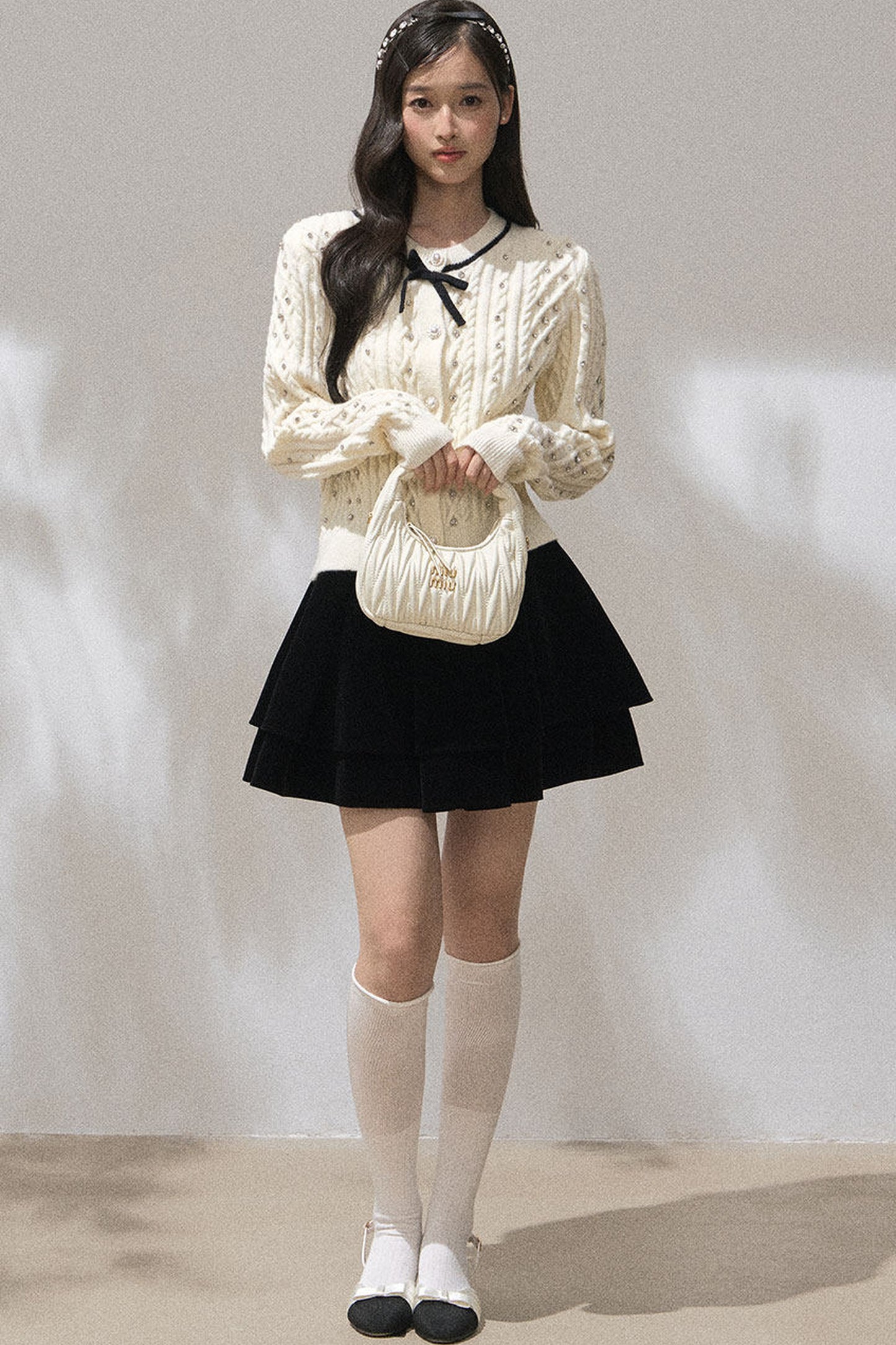 Rhinestone Bow Knit Cardigan Top and Velvet Skirt Set-Up