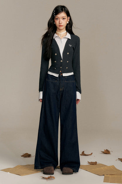 Double-Breasted Layered-Look Knit Top