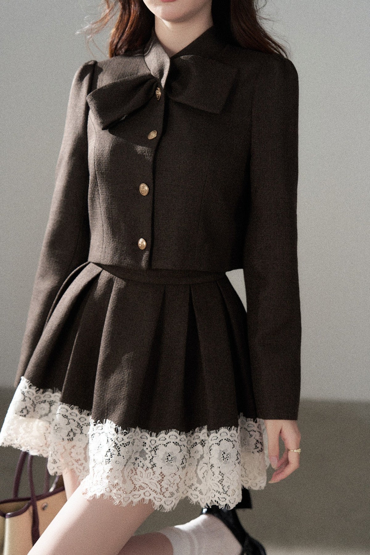 Coffee Lace Splicing Jacket and Skirt Set-Up