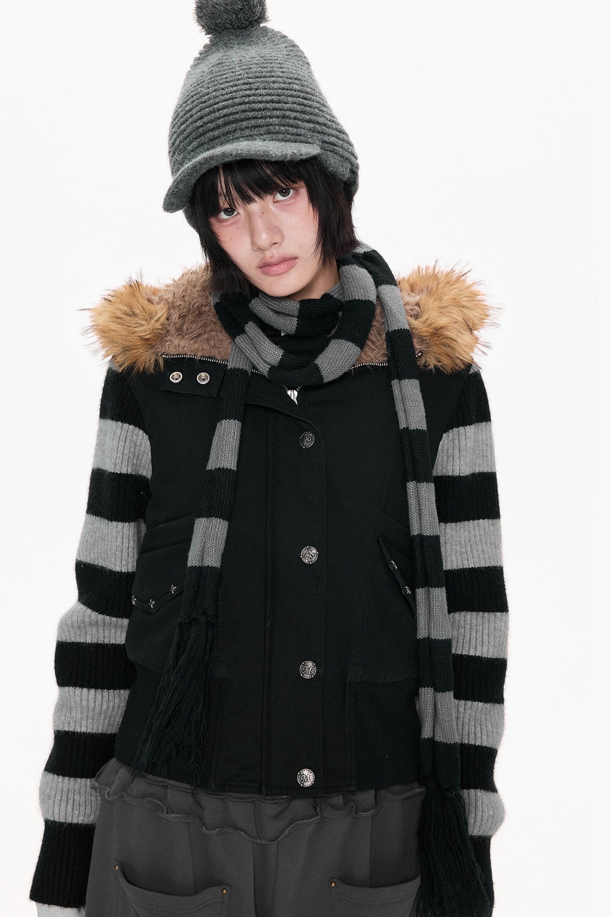 Fur Collar Hooded Striped Jacket
