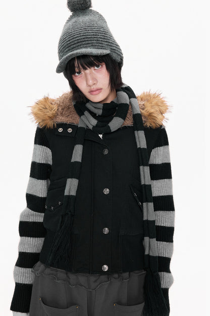 Fur Collar Hooded Striped Jacket