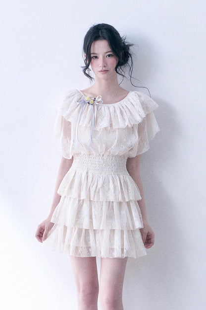 Layered Lace Ruffle Flutter Sleeve Tiered Dress