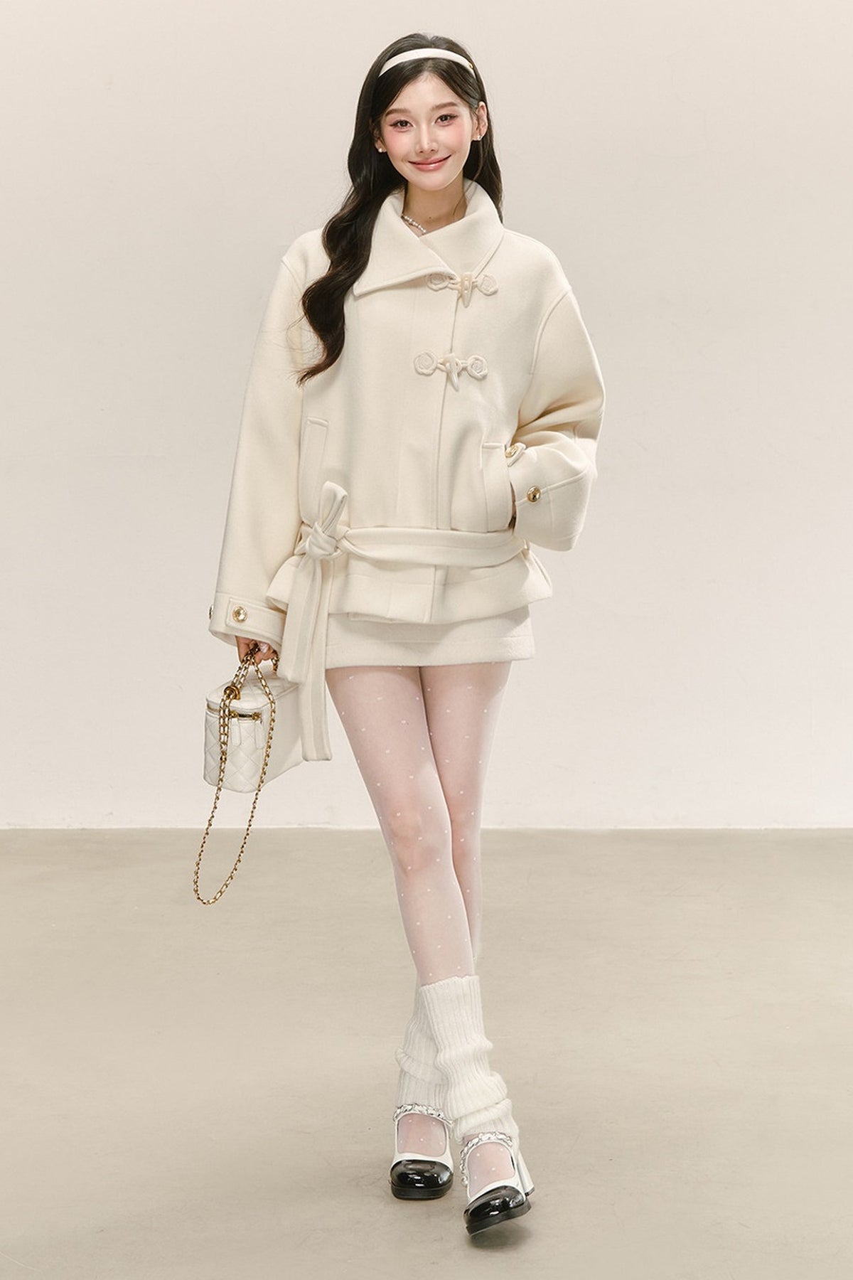 White Woolen Toggle Tie-Waist Coat