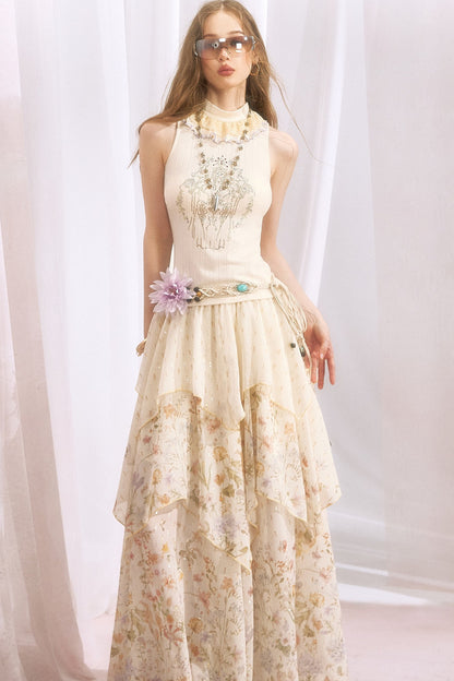 Ruffle Collar Rhinestone Embroidery Sleeveless Top