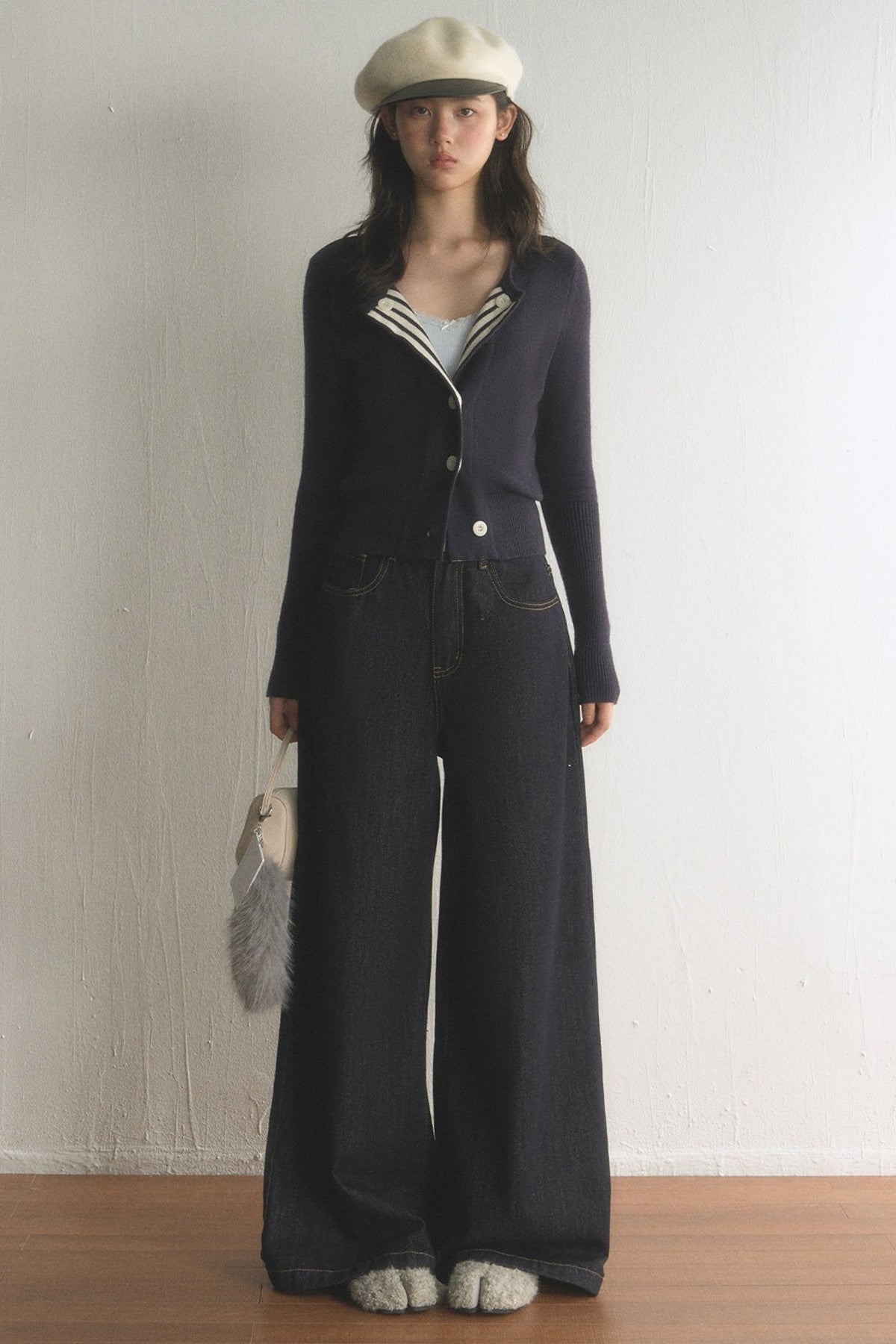 Striped Lapel Cardigan and Wide-Leg Jeans Set-Up