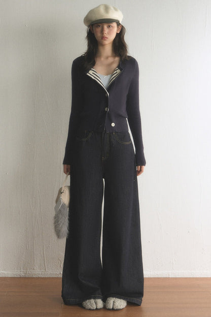 Striped Lapel Cardigan and Wide-Leg Jeans Set-Up