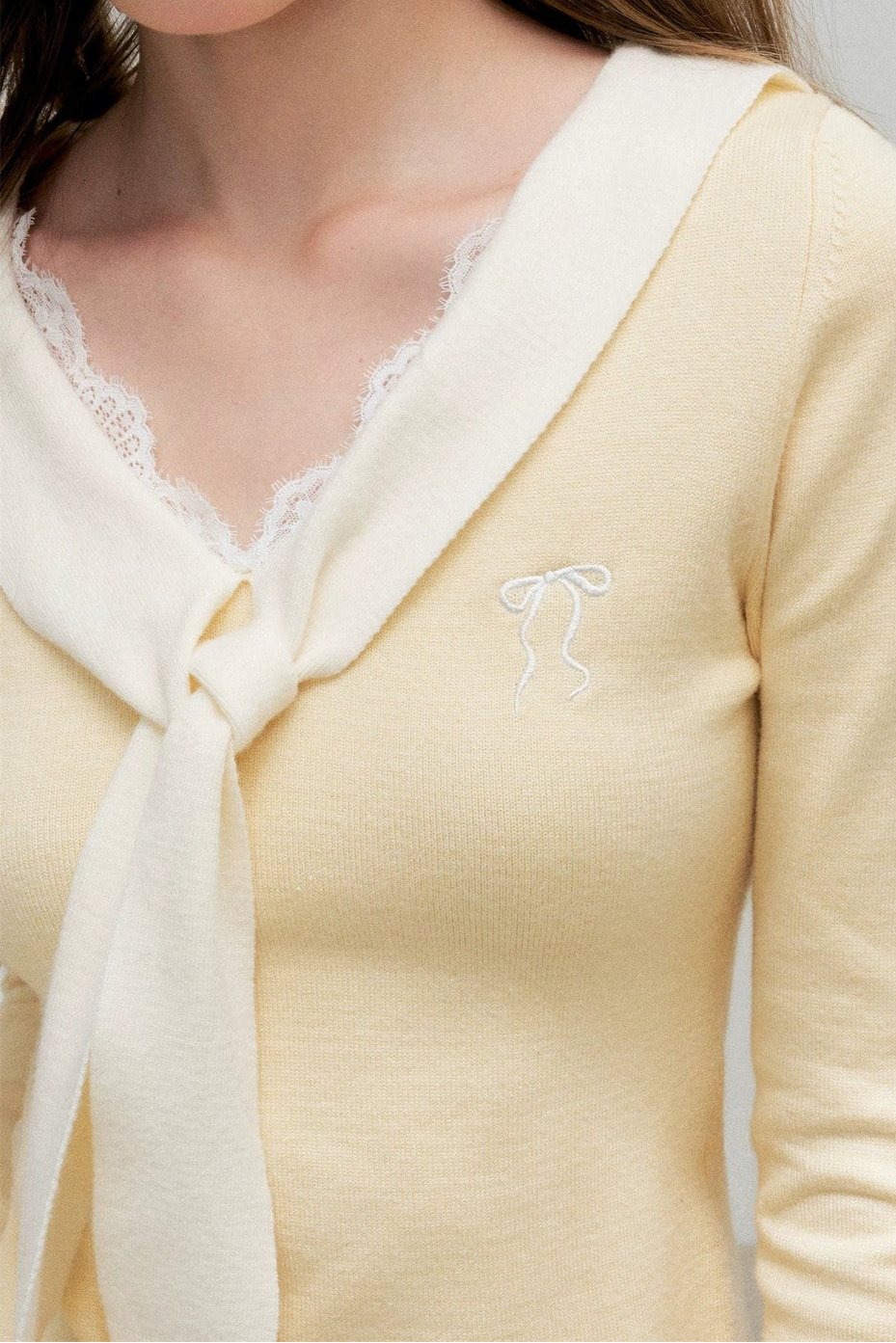 Cream Contrast Lace Tie Knit Sweater