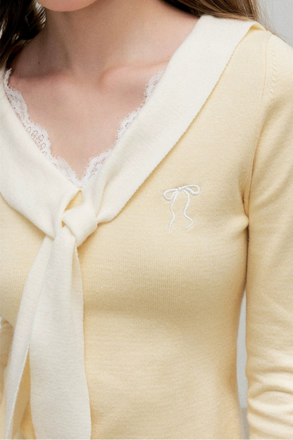 Cream Contrast Lace Tie Knit Sweater