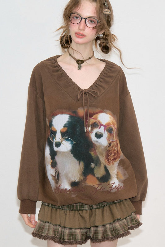 Brown Dog Print Lace V-Neck Sweatshirt
