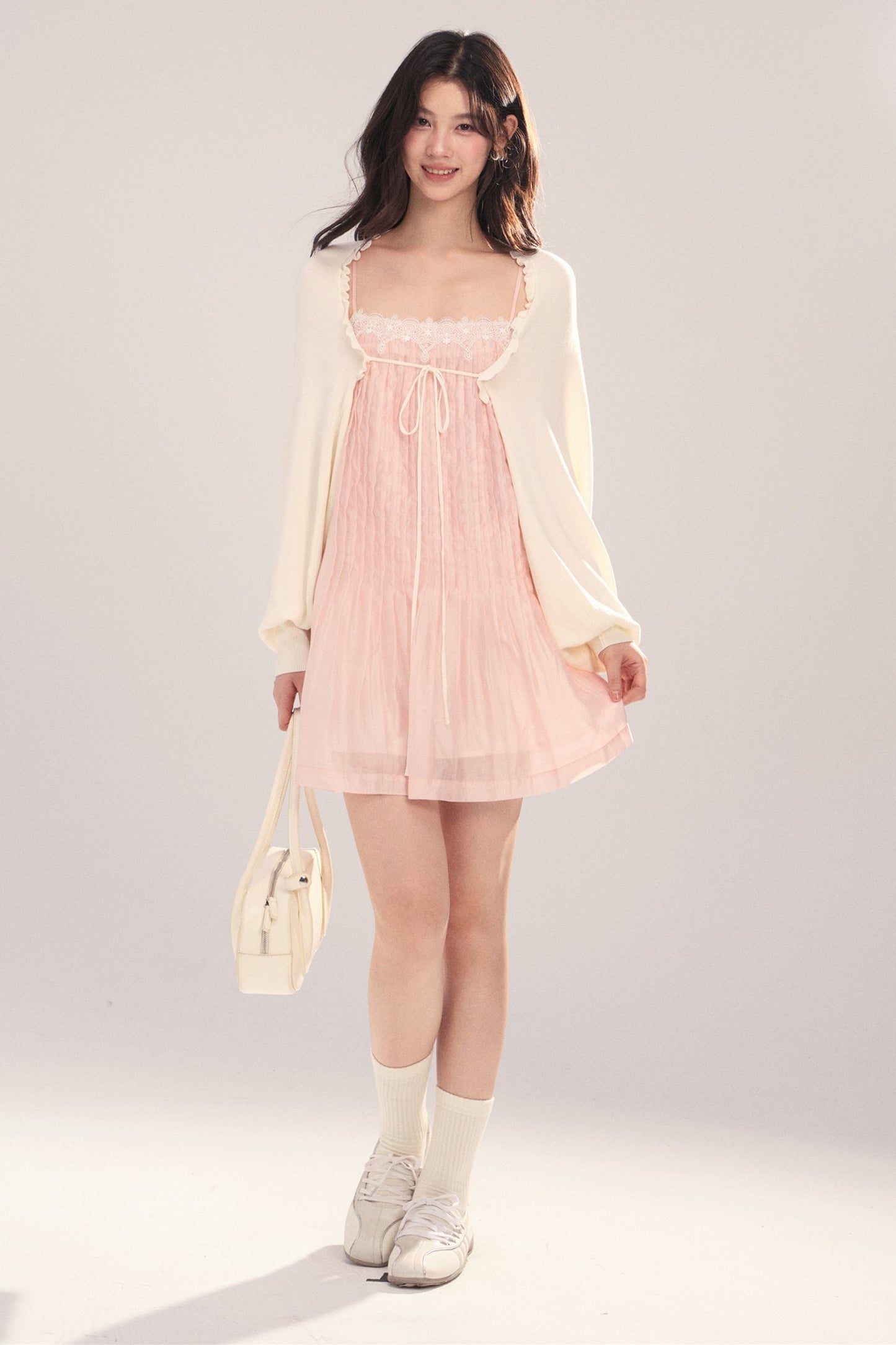 Suspender Dress with Lantern Sleeve Shawl Cardigan Set-Up