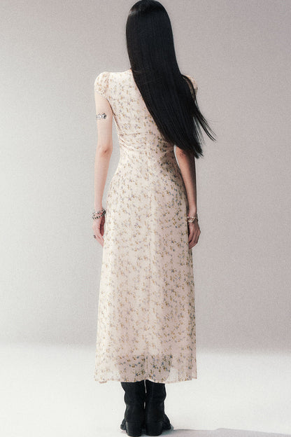 Light Yellow Floral Lace V-Neck Long Dress