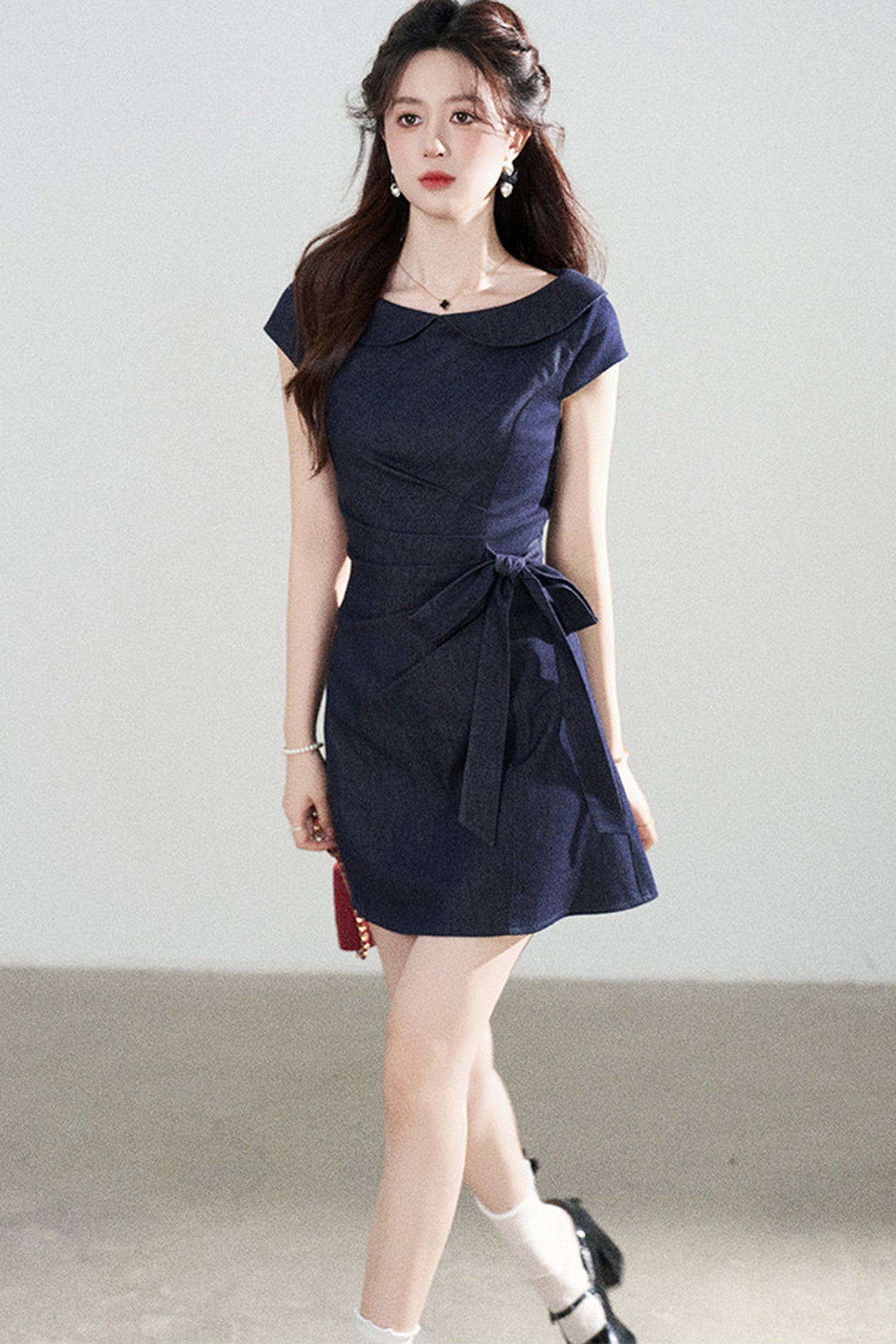 Blue Denim Doll Collar Pleated A-Line Dress