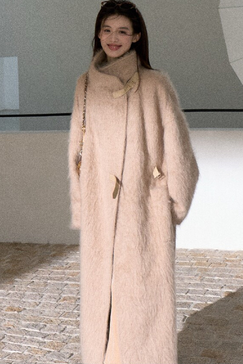 Brushed Cashmere Silk Funnel Collar Coat