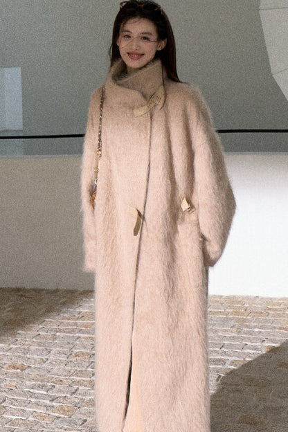 Brushed Cashmere Silk Funnel Collar Coat