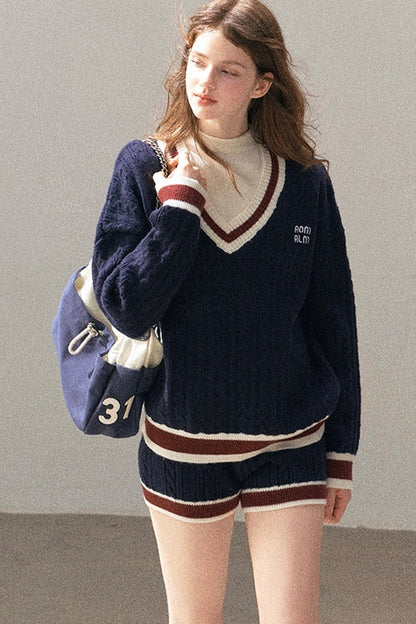 College Style Knit Sweater and Knit Shorts Set-Up