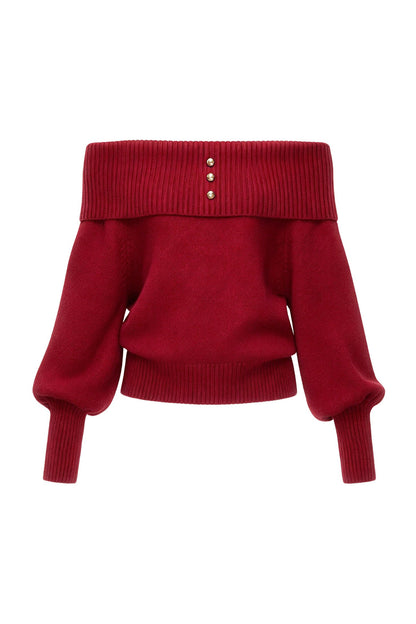 Red Off-Shoulder Knit Sweater and Shorts Set-Up