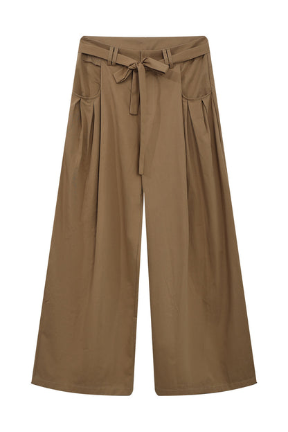 Pantalones caqui de pierna ancha con cintura anudada