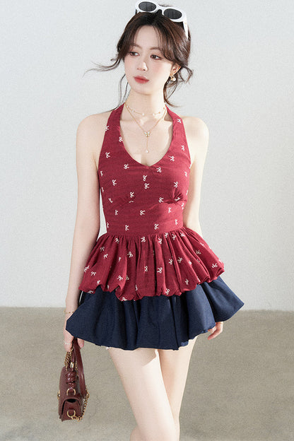 Red Halter Peplum Top