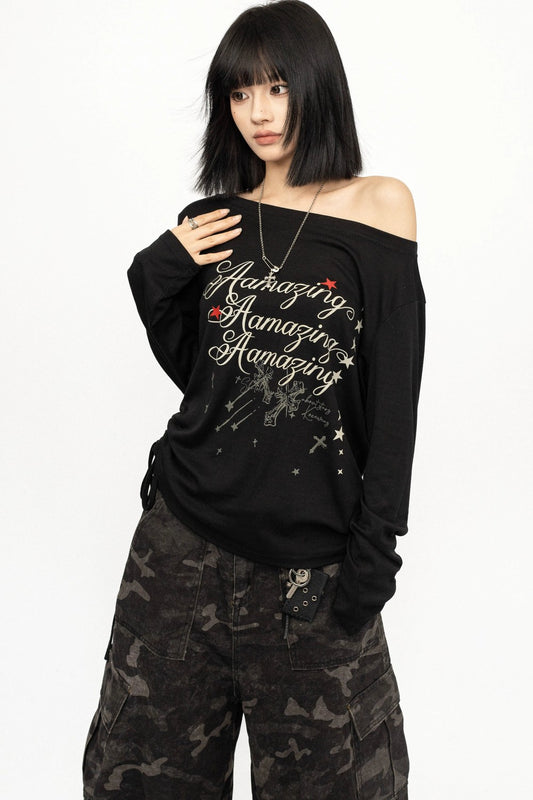 Black Off-Shoulder Letter Print Long Sleeve Tee