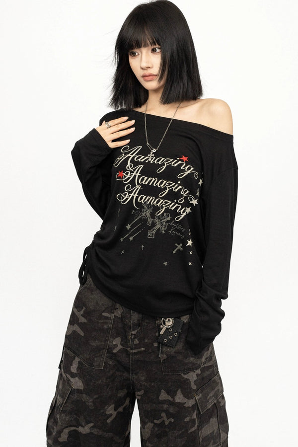 Black Off-Shoulder Letter Print Long Sleeve Tee