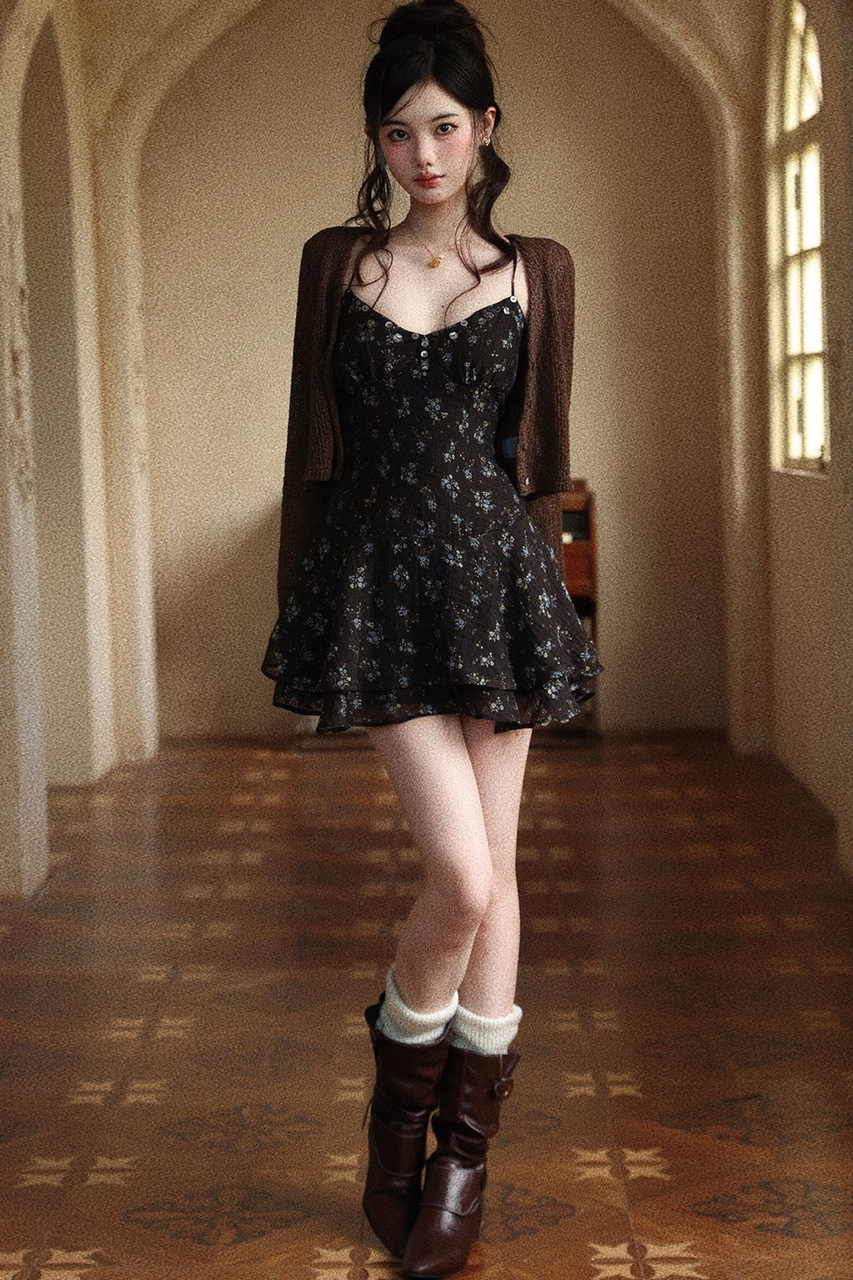 Floral Chiffon Ruffle Hem Slip Dress