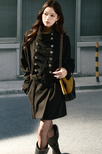 Double-Breasted Drop Shoulder Belted Woolen Coat