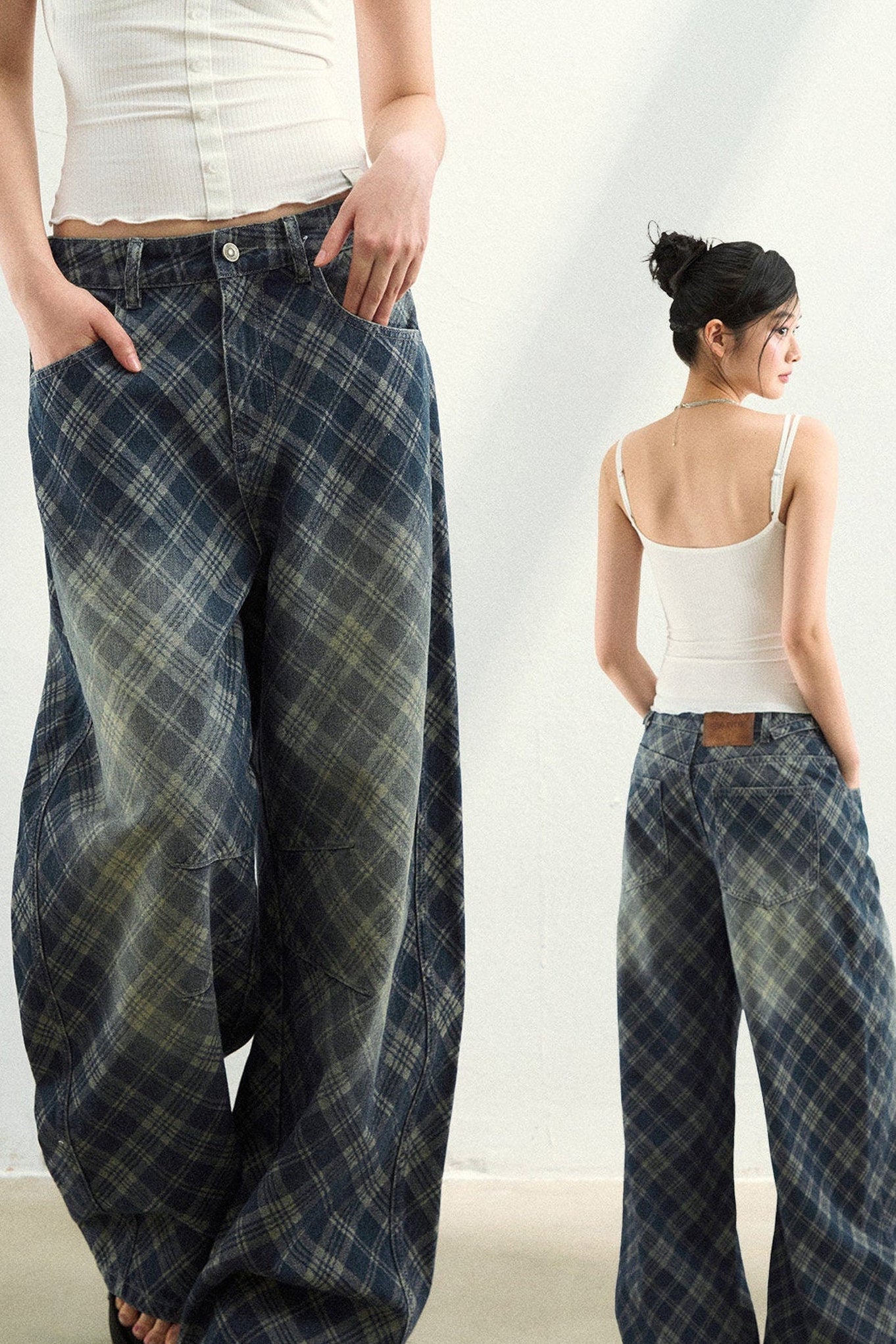 Pantaloni in denim a quadri sfumati