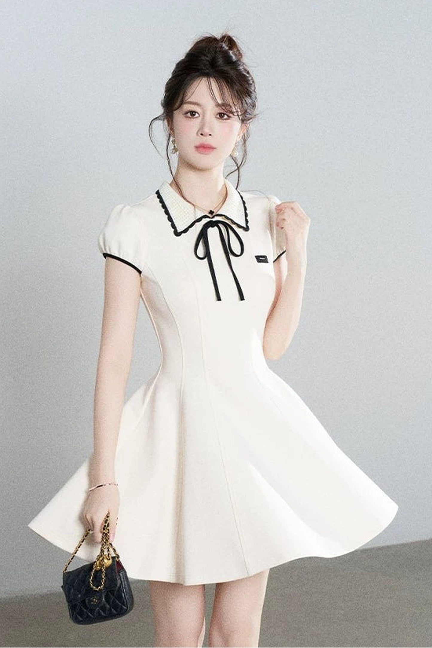 French Style Puff Sleeve Cinched Waist Dress