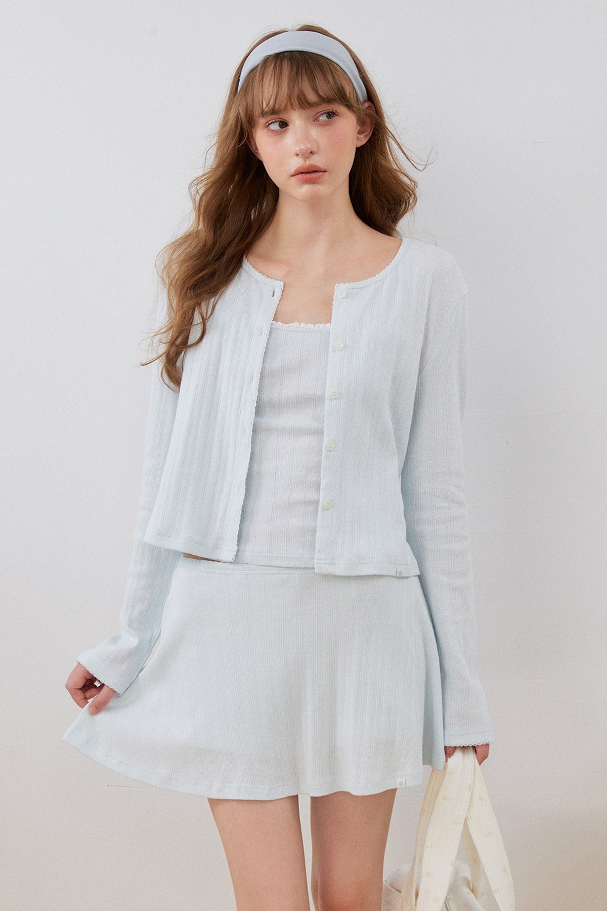 Lace Cut-Out Cardigan Cami A-Line Skirt Set-Up