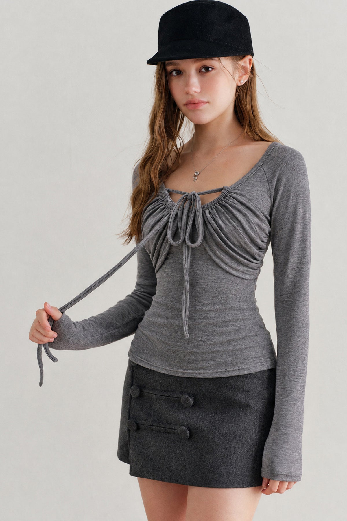 Lyocell Cotton Wool Long-Sleeve Drawstring Knit Top