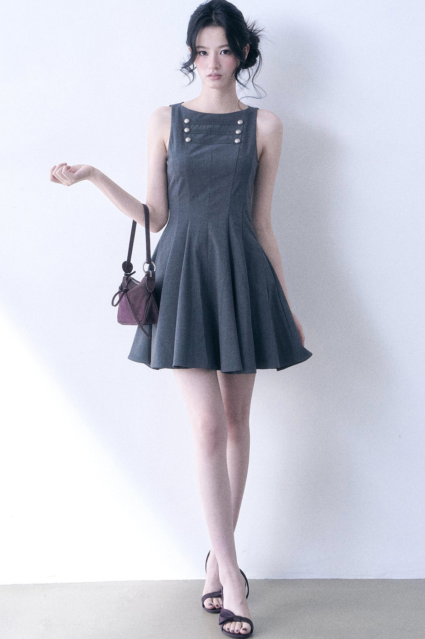 Decorative Button Sleeveless Flared Dress