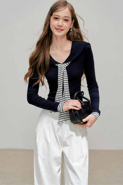 Navy Collar Striped Patchwork Tee