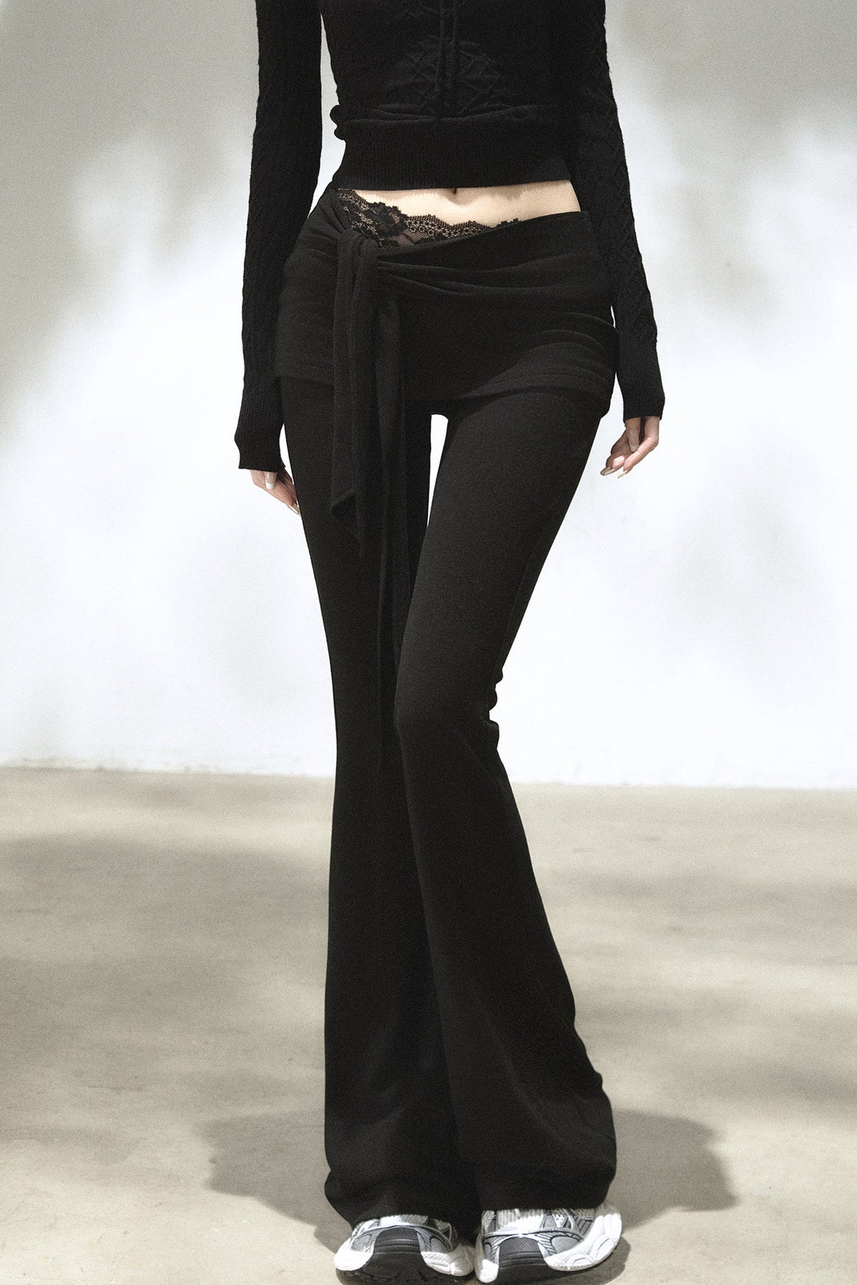 Fold-Over Waist Lace Tie-Up Flared Pants