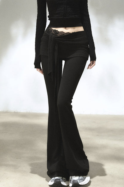 Fold-Over Waist Lace Tie-Up Flared Pants